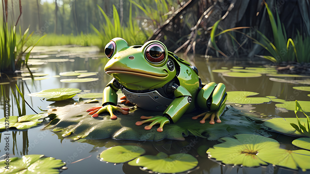 Robot frog in the swamp, Generative AI Robot frog in the swamp, Generative AI