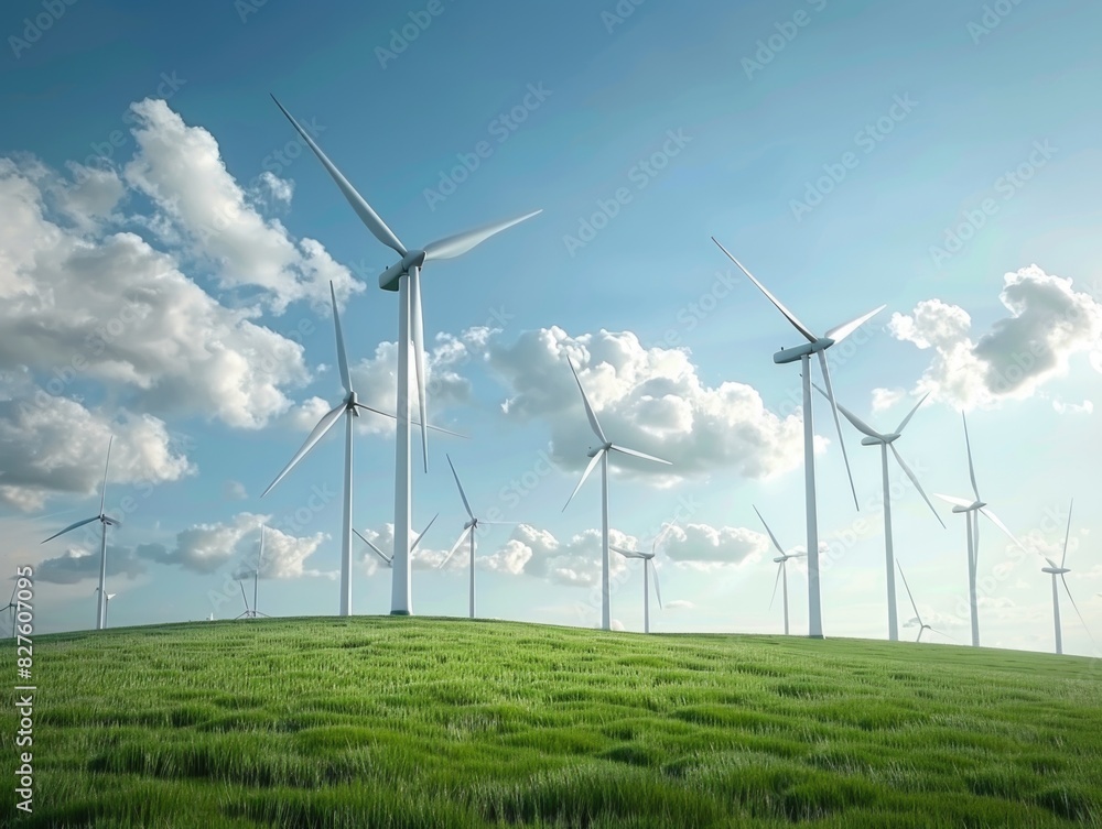 A field of wind turbines with a clear blue sky in the background. The turbines are spread out across the field, with some closer to the foreground and others further back A field of wind turbines with a clear blue sky in the background. The turbines are spread out across the field, with some closer to the foreground and others further back