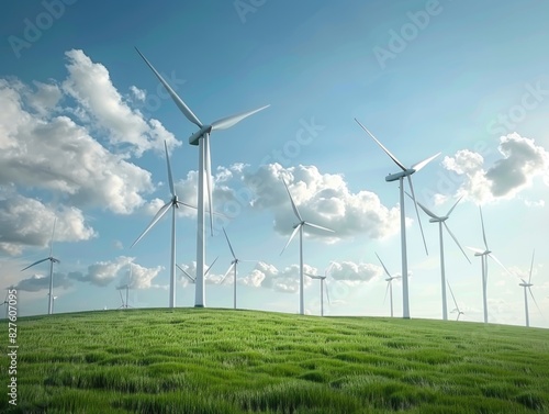 A field of wind turbines with a clear blue sky in the background. The turbines are spread out across the field, with some closer to the foreground and others further back