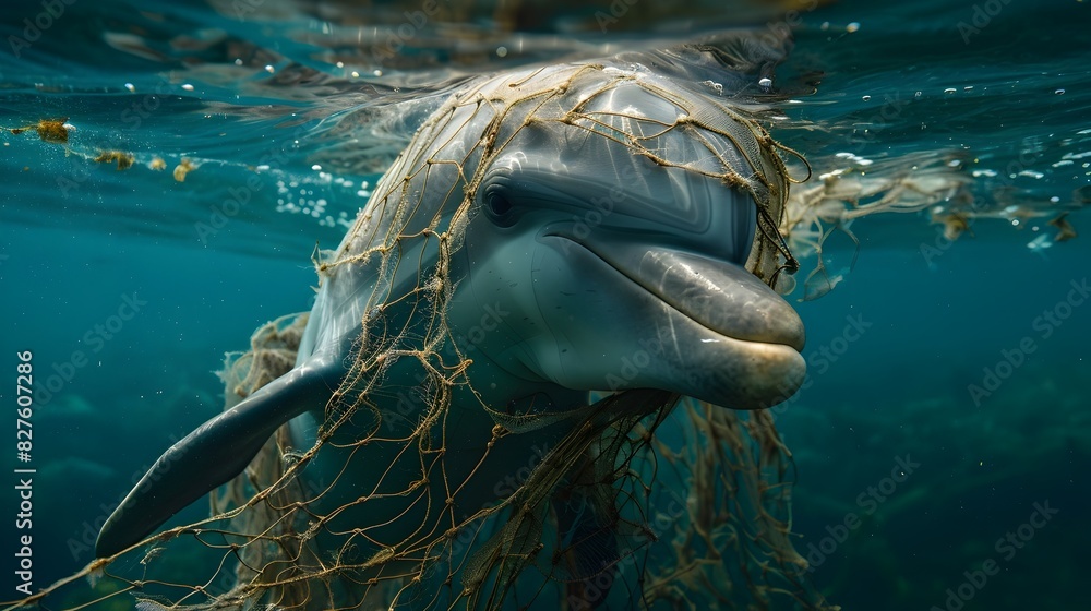 Obraz premium Dolphin's Fight for Freedom: A Struggle Against Discarded Fishing Nets