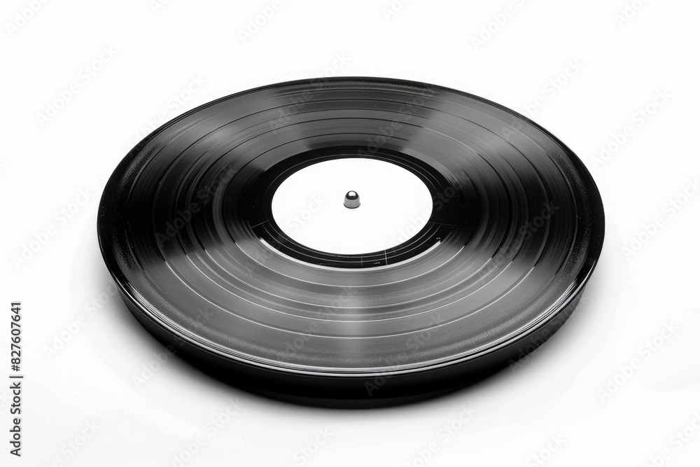 A black record with a white label sits on a white background. The record is a vintage item and has a nostalgic feel to it A black record with a white label sits on a white background. The record is a vintage item and has a nostalgic feel to it