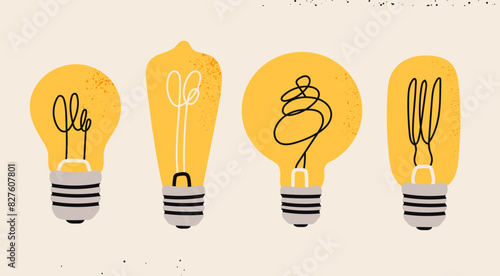 Various Light bulbs. Cartoon flat style. Idea, creativity, innovation, inspiration, invention concept. Hand drawn modern Vector illustration. Isolated design elements