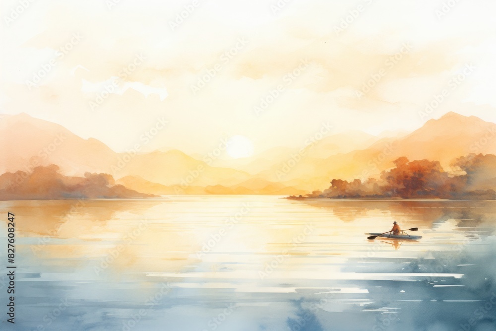 A man paddles a kayak on a lake at sunset, watercolor illustrations, Summer activity. A man paddles a kayak on a lake at sunset, watercolor illustrations, Summer activity.