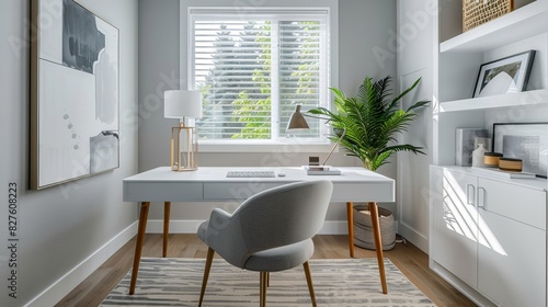 A home office with a clean white desk   a simple chair   and minimal decor