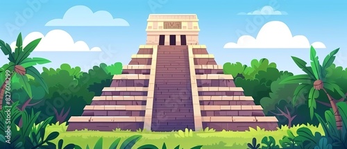 Aztec pyramid in lush jungle setting flat design front view ancient civilization cartoon drawing analogous color scheme