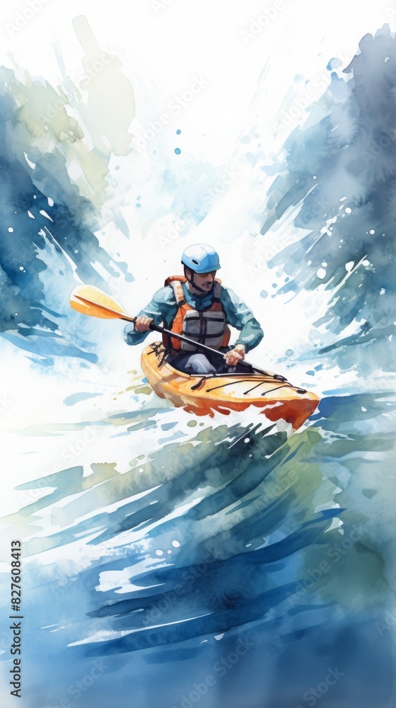 A man in a yellow kayak is paddling through rough water, watercolor illustrations, Summer activity. A man in a yellow kayak is paddling through rough water, watercolor illustrations, Summer activity.