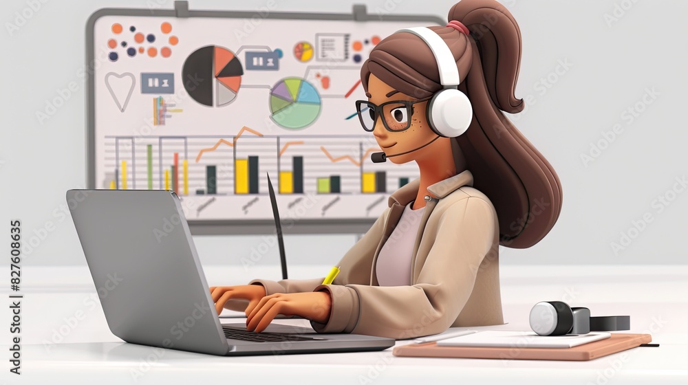 3D woman character developing a business strategy on her laptop, with headphones and a whiteboard behind her 3D woman character developing a business strategy on her laptop, with headphones and a whiteboard behind her