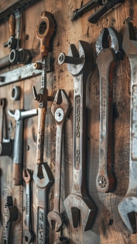 A variety of old vintage tools hang on a wooden wall in the garage.