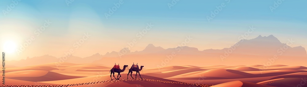 Fototapeta premium Desert trek with camels and dunes flat design side view epic journey watercolor monochromatic color scheme