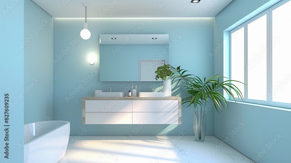 Fototapeta premium Clean Bathroom Design, A modern bathroom with light blue walls, a sleek vanity, and a frameless mirror
