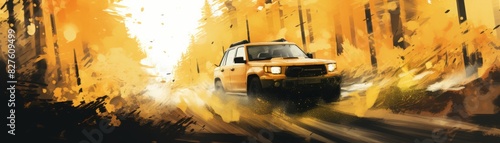 A yellow car is driving down a road in a forest, watercolor illustrations, Summer activity. photo