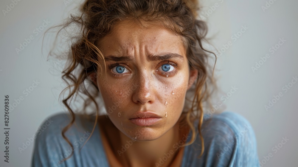 A woman with wet hair and a sad expression A woman with wet hair and a sad expression