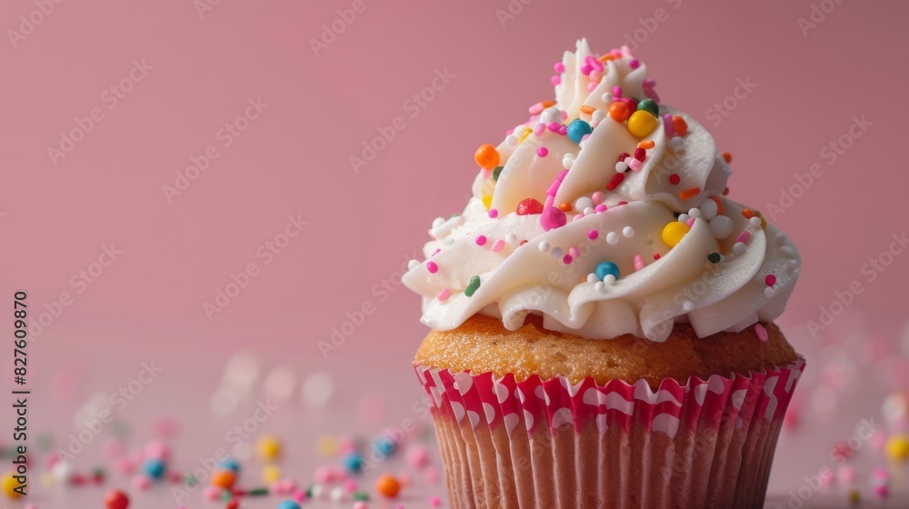 Delicious Cupcake with Frosting and Sprinkles on Pink Background for Bakery Advertisement - Commercial Use Delicious Cupcake with Frosting and Sprinkles on Pink Background for Bakery Advertisement - Commercial Use