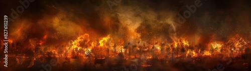Dramatic panorama of a raging wildfire with intense flames and smoke, depicting environmental destruction and natural disasters.