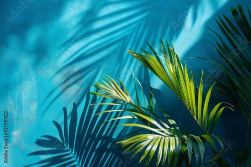 Interplay Of Light And Shadow. Palm Leaves On A Turquoise Background. Generative AI