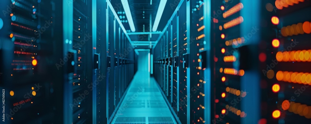 Abstract technology background of a server room with blue and orange ...