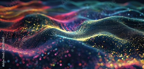 A Stunning Ultra View: Waves and Particles Dance on a Gradient Background with Colorful Particles, Creating a Mesmerizing HD Wallpaper that Captures the Harmony and Beauty of Waves and Particles Blend © Sayyam