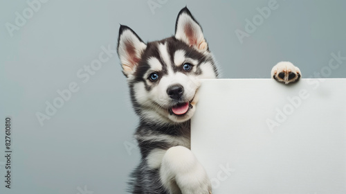 Smiling Siberian Husky Puppy Holding Blank Canvas © Jakraphong