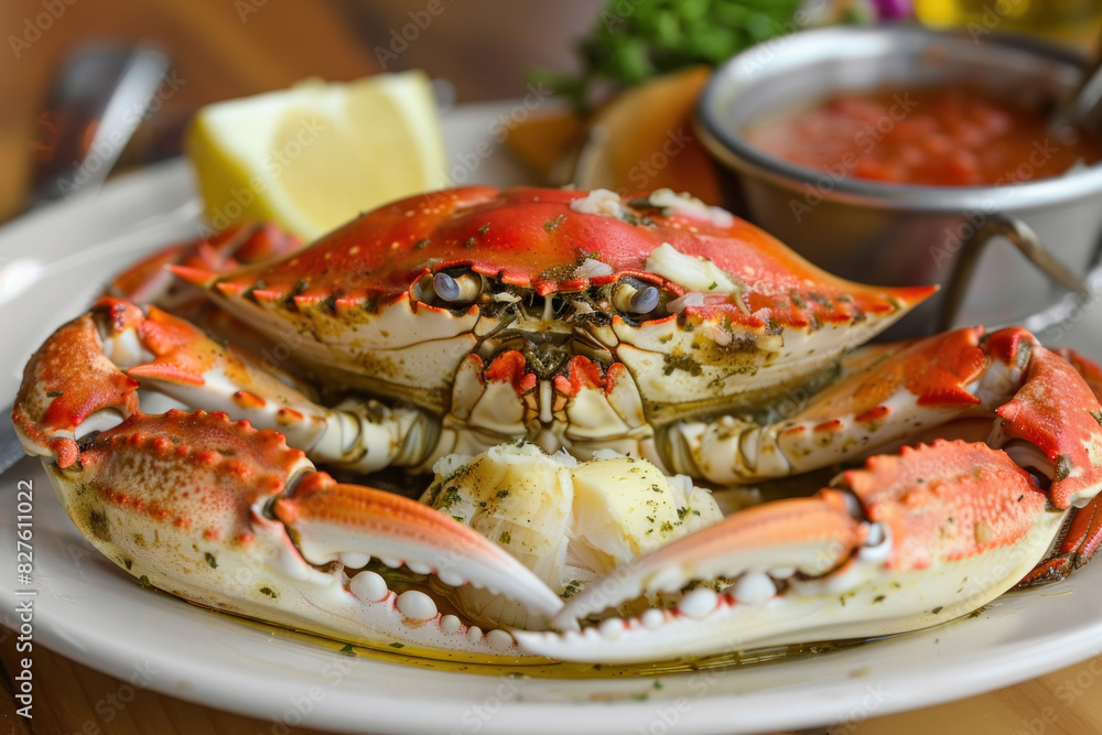 Cooked Crab with Lemon and Sauce on Plate Cooked Crab with Lemon and Sauce on Plate