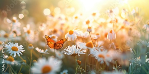 A butterfly is flying in a field of white flowers. Concept of freedom and beauty  as the butterfly gracefully flutters through the colorful blooms. The bright colors of the flowers