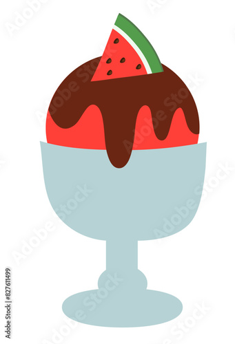 Ice cream in glass cup with chocolate and watermelon. Summer time sweet food. Vector flat illustration.