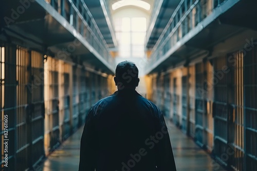 Man Walking In Prison Corridor. A dramatic image of a man walking down a dimly lit prison corridor, highlighting themes of isolation and confinement.