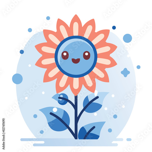 Cute Cartoon Flower with a Smiling Face and Blue Leaves