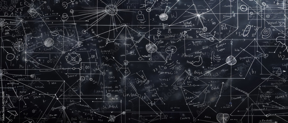 Dark detailed chalkboard full of mathematical formulas, scientific diagrams, and complex equations representing intellectual creativity. Dark detailed chalkboard full of mathematical formulas, scientific diagrams, and complex equations representing intellectual creativity.