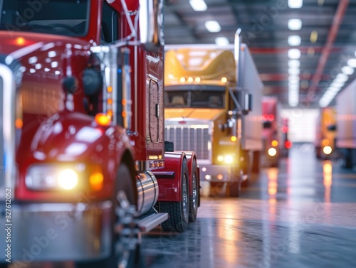 A red semi truck is parked in a warehouse with other semi trucks. The scene is dimly lit, giving it a moody atmosphere