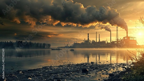 Industrial factory by the water at sunset with smoke stacks and a dramatic sky, reflecting on the calm water surface.