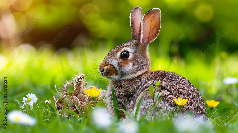 Fototapeta premium bunny with yellow flowers green grass, generative AI
