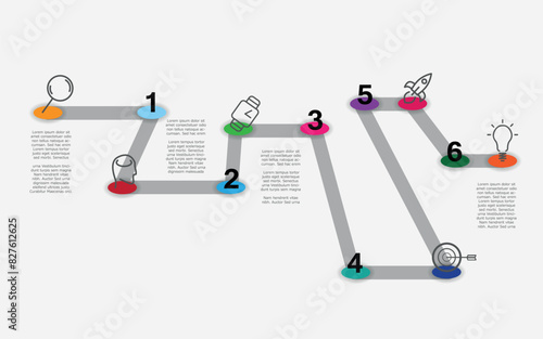 Vector infographic with path and points with line icons and text.