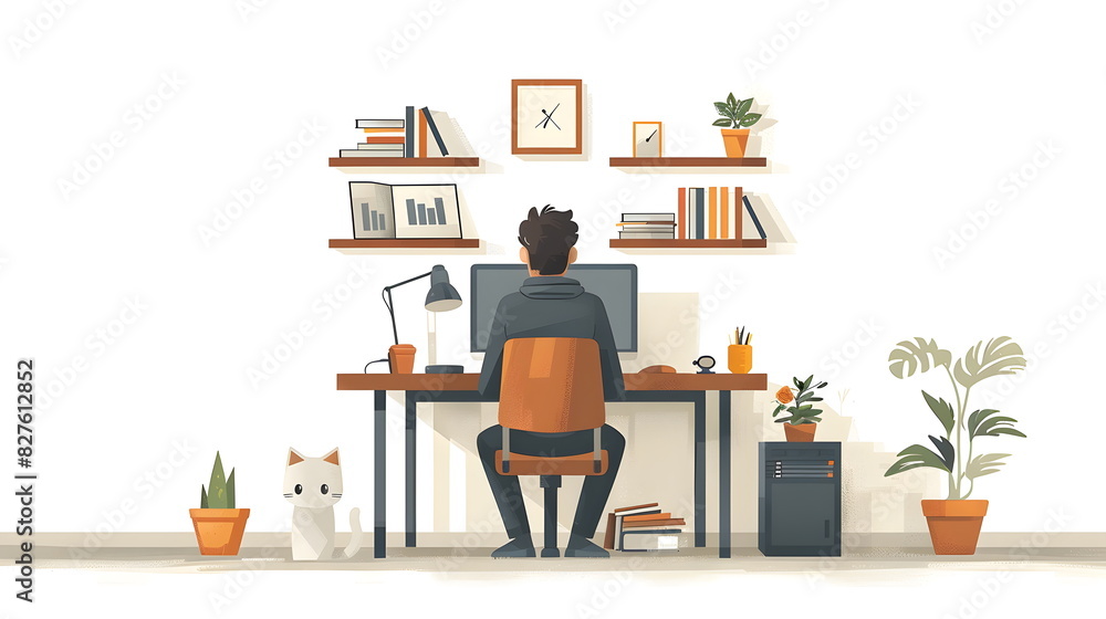 Simple flat vector illustration of an Engineer with a safety helmet sitting at him desk with a tiny robot studying full body view, light orange tone Simple flat vector illustration of an Engineer with a safety helmet sitting at him desk with a tiny robot studying full body view, light orange tone