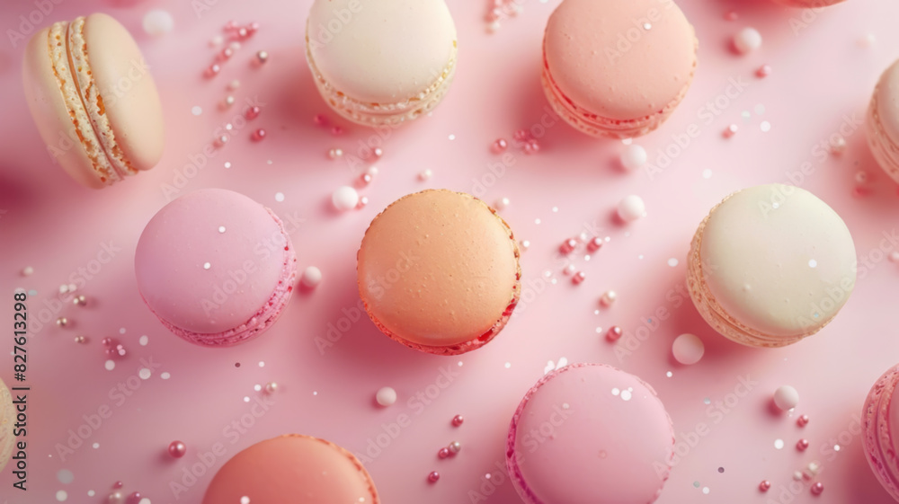 Scattered Macarons and Confetti on Pink Surface Scattered Macarons and Confetti on Pink Surface
