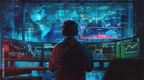 Cryptocurrency trader from behind, observing multiple glowing monitors in a minimalist setup, upper right for text, Editorial, Sleek, modern aesthetic, Highresolution image
