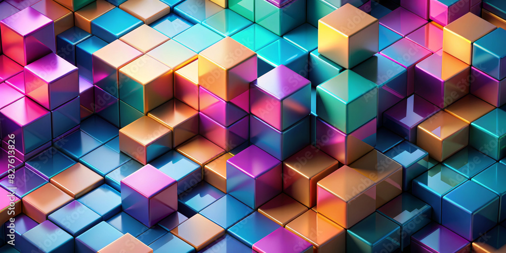 The brilliant cubic shapes create a vibrant geometric landscape where the play of light and colour suggests depth and complexity. Varied shades of blue, pink and orange dominate the scene.AI generated The brilliant cubic shapes create a vibrant geometric landscape where the play of light and colour suggests depth and complexity. Varied shades of blue, pink and orange dominate the scene.AI generated