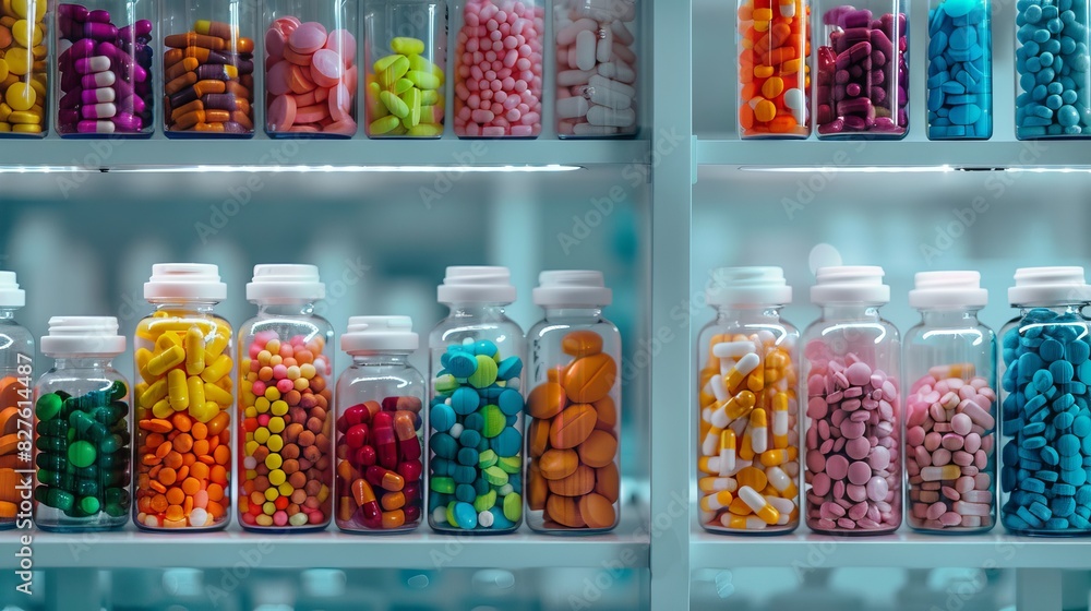 Image of of various pharmaceutical bottles on pharmacy shelves, Shelves stacked with medicines