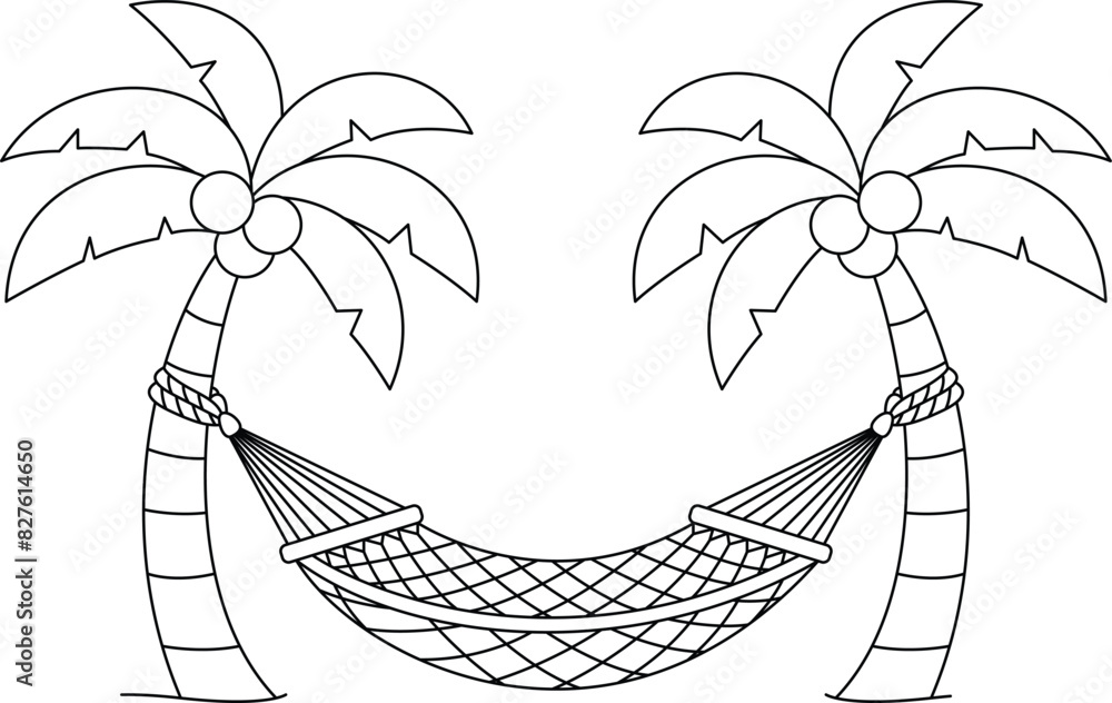 Hammock hung on a coconut tree on the summer beach isolated on white background coloring page for kids. Summer activity holiday vector illustration