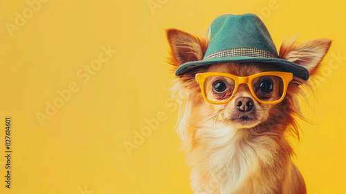Adorable chihuahua dog with yellow glasses and a green hat posing against a vibrant yellow background. Cute pet fashion concept.