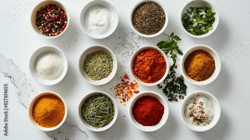 Array of colorful spices and seasonings arranged in bowls on a bright white countertop  adding flavor and flair to culinary creations.