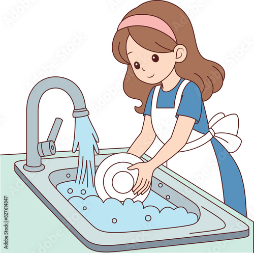 Illustration of a cute young woman washing the dishes  in her kitchen after dinner. Everyday homework, outline vector cartoon illustration