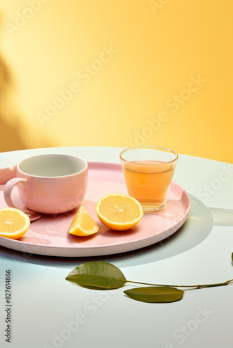 Contemporary Tea Setting with Colorful Table and Shadow Play