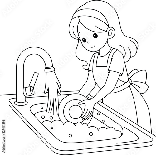 Illustration of a cute young woman washing the dishes  in her kitchen after dinner, coloring page. Everyday homework, black and white outline vector cartoon illustration