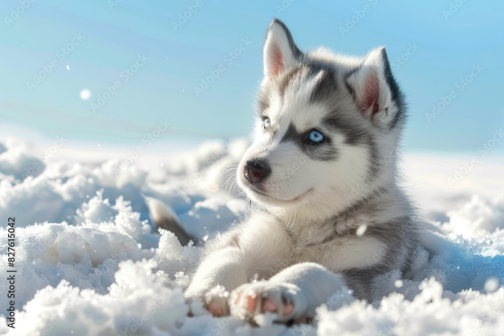 A young Siberian Husky puppy with striking blue eyes lies in the snow, surrounded by a bright, wintry landscape. The scene captures the playful innocence and beauty of the puppy against a crisp A young Siberian Husky puppy with striking blue eyes lies in the snow, surrounded by a bright, wintry landscape. The scene captures the playful innocence and beauty of the puppy against a crisp