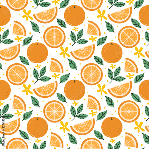 Orange Seamless Pattern Vector Illustration. Cute Citrus Summer Fruit Background with Leaves and Flowers.