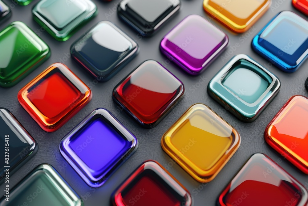 A row of colorful buttons with a shiny, reflective surface. The buttons are arranged in a grid pattern, with each button having a different color. Scene is vibrant and eye-catching A row of colorful buttons with a shiny, reflective surface. The buttons are arranged in a grid pattern, with each button having a different color. Scene is vibrant and eye-catching