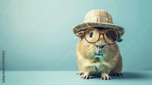 Adorable guinea pig wearing a hat and glasses  looking cute and stylish. Perfect for pet  fashion  and humor themed stock photos.