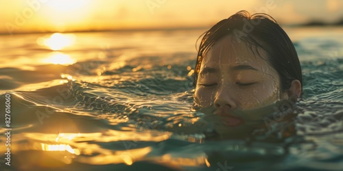 A woman is swimming in the ocean with the sun setting in the background. The water is calm and the woman is focused on her breathing