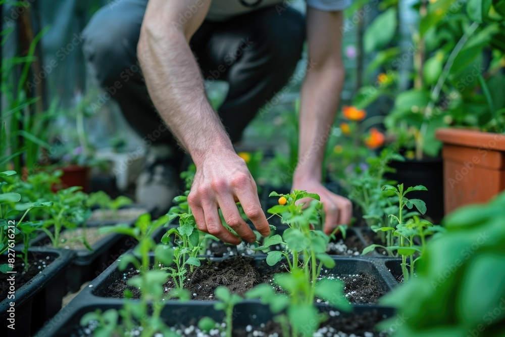 A man is tending to a garden of plants, including some tomatoes. He is reaching into the soil to check on the plants