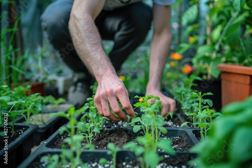 A man is tending to a garden of plants  including some tomatoes. He is reaching into the soil to check on the plants
